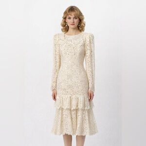 vintage 80s LACE DROP WAIST DRESS long sleeve party evening formal ivory S